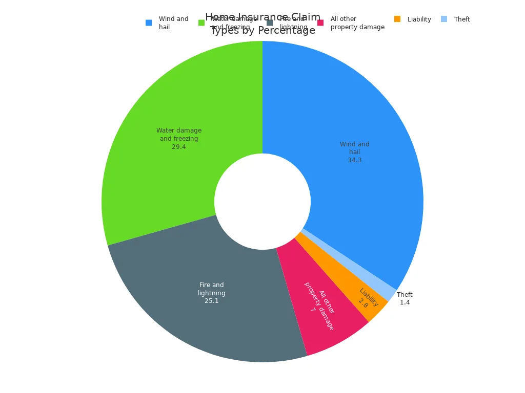 Pie chart showing the percentage breakdown of home insurance claim types in the U.S.